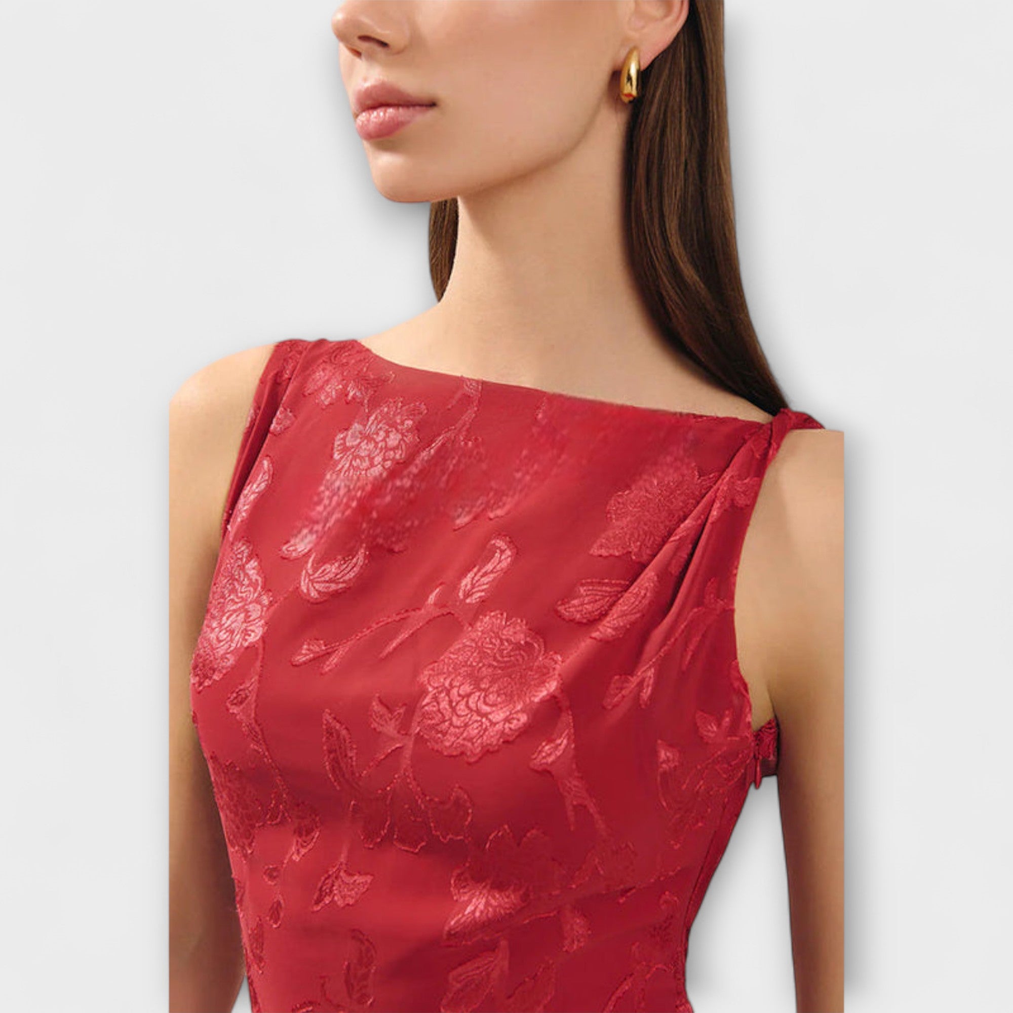 Opal - Elegant Rygglös Snörning Jacquard Maxi Klänning