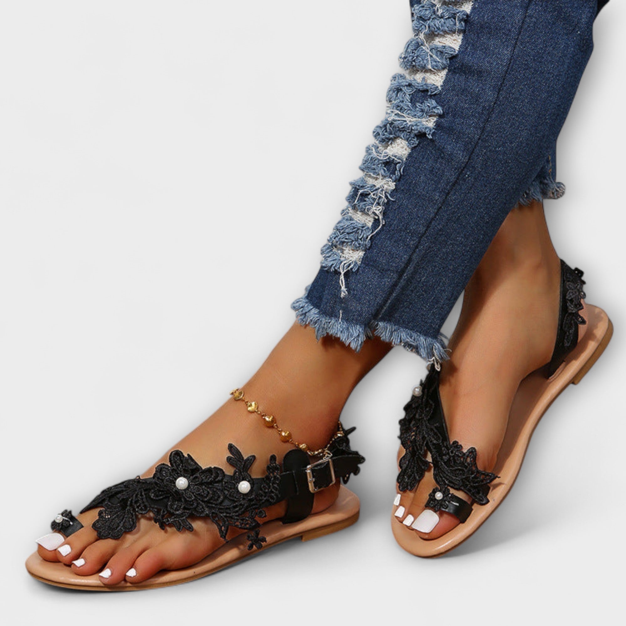 Boho - Bekväma Sandaler med Blommor & Ankelrem