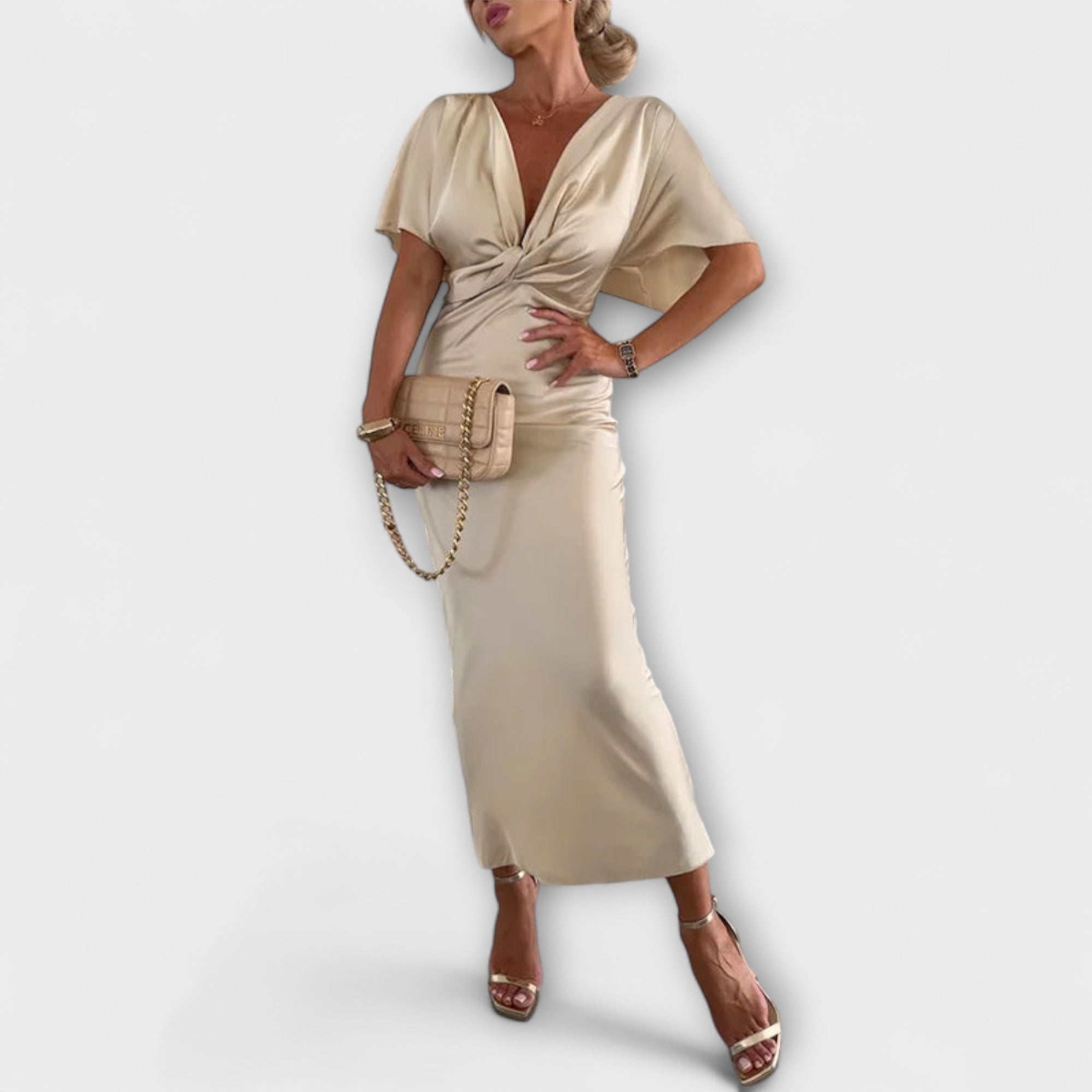 Sable - Solid Satin V-ringad Korsknut Slim Fit Maxiklänning
