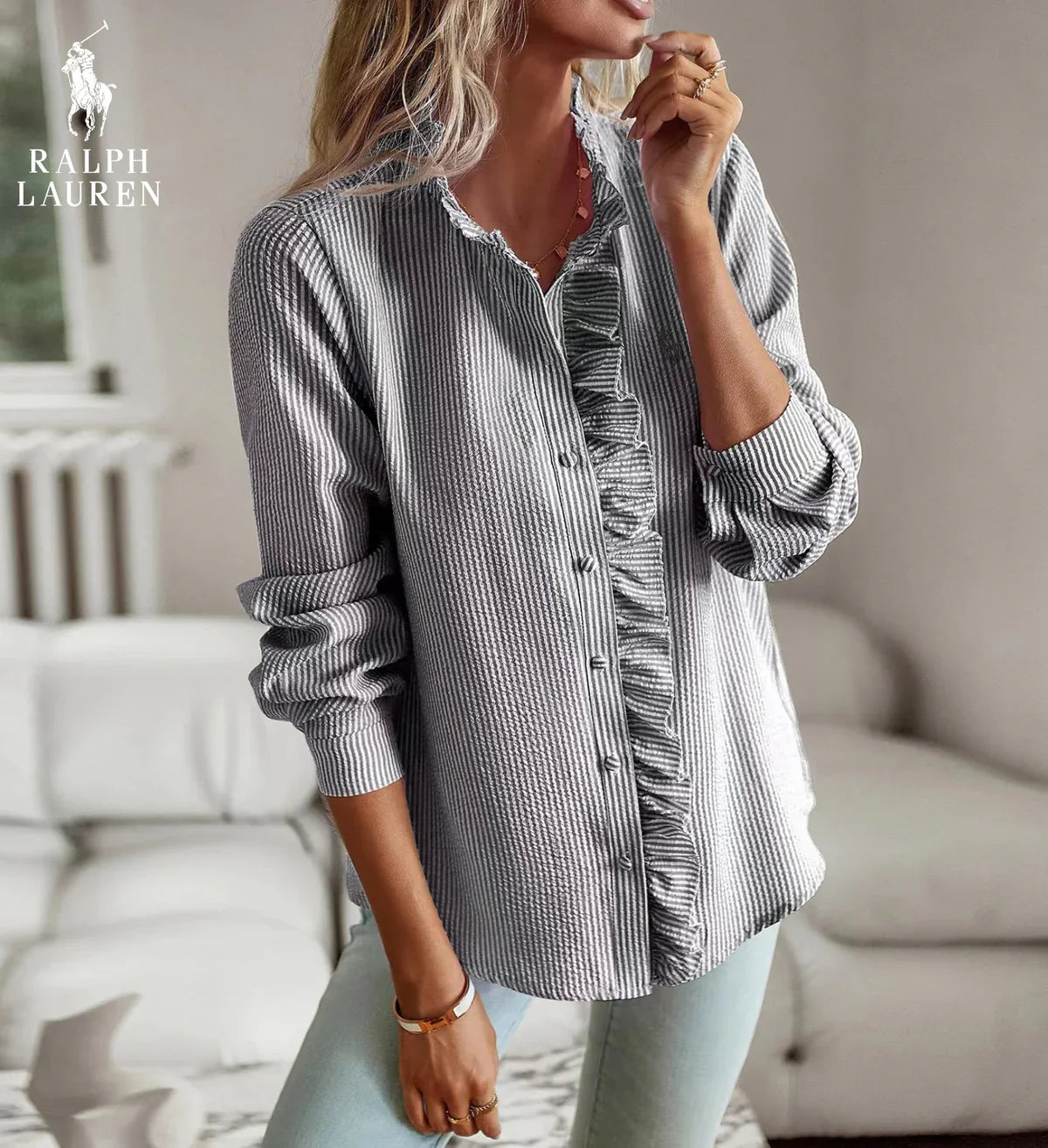 R. Lauren Ruffled Button-Up Shirt – Mjuk Texturerad Passform