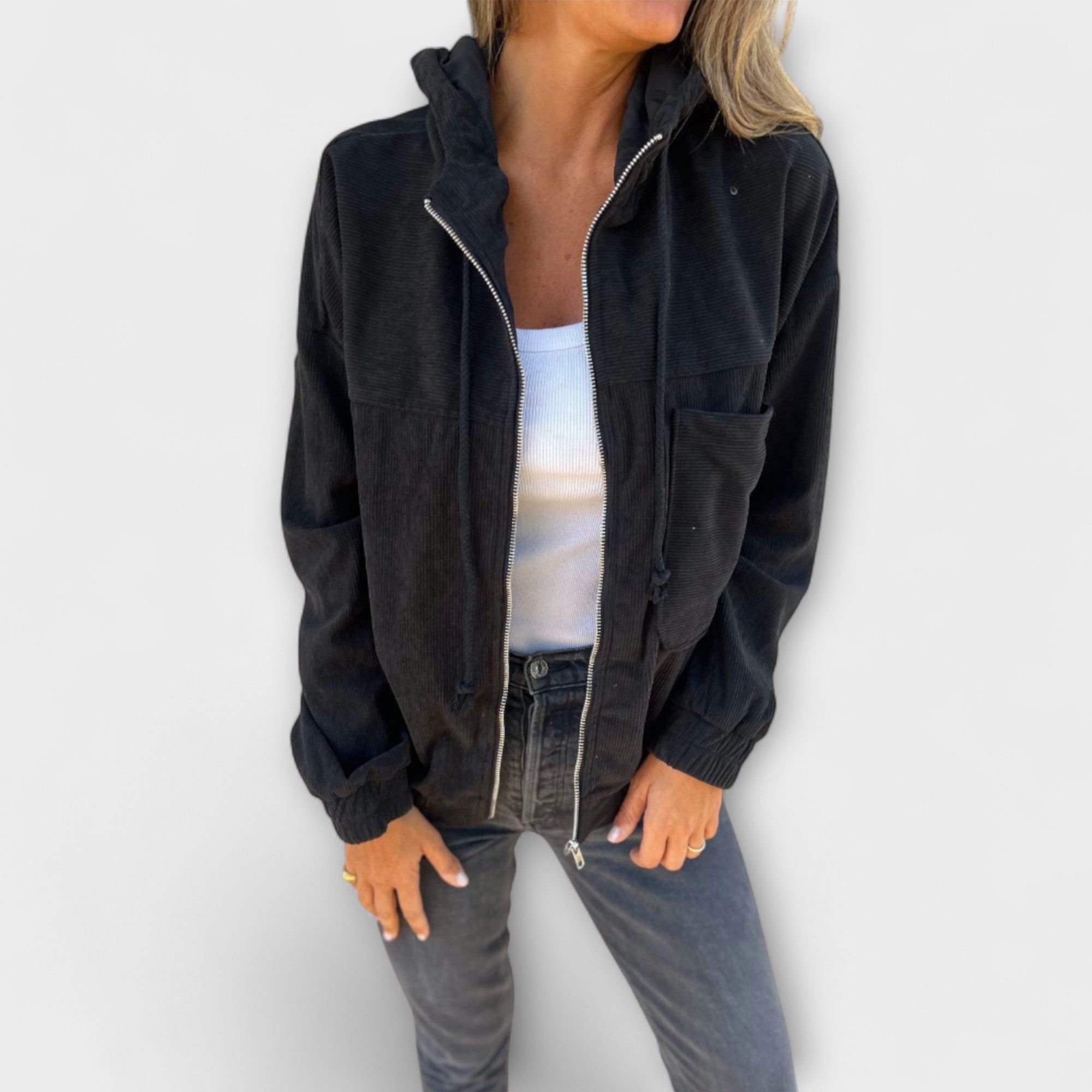 Ella - Corduroy Huva Jacka med Dragkedja