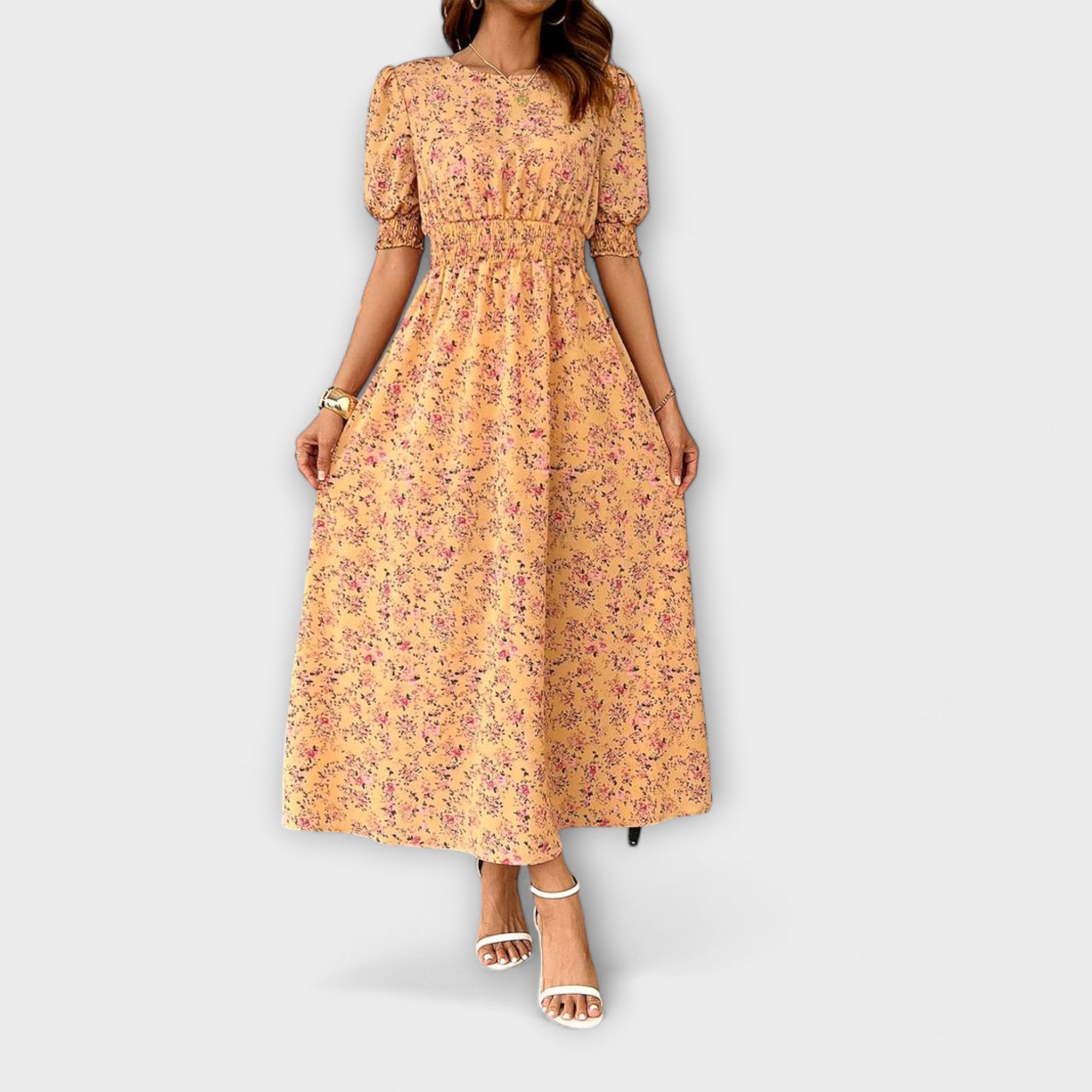 Amelia - Klänning med Rund Urringning och Blommönster