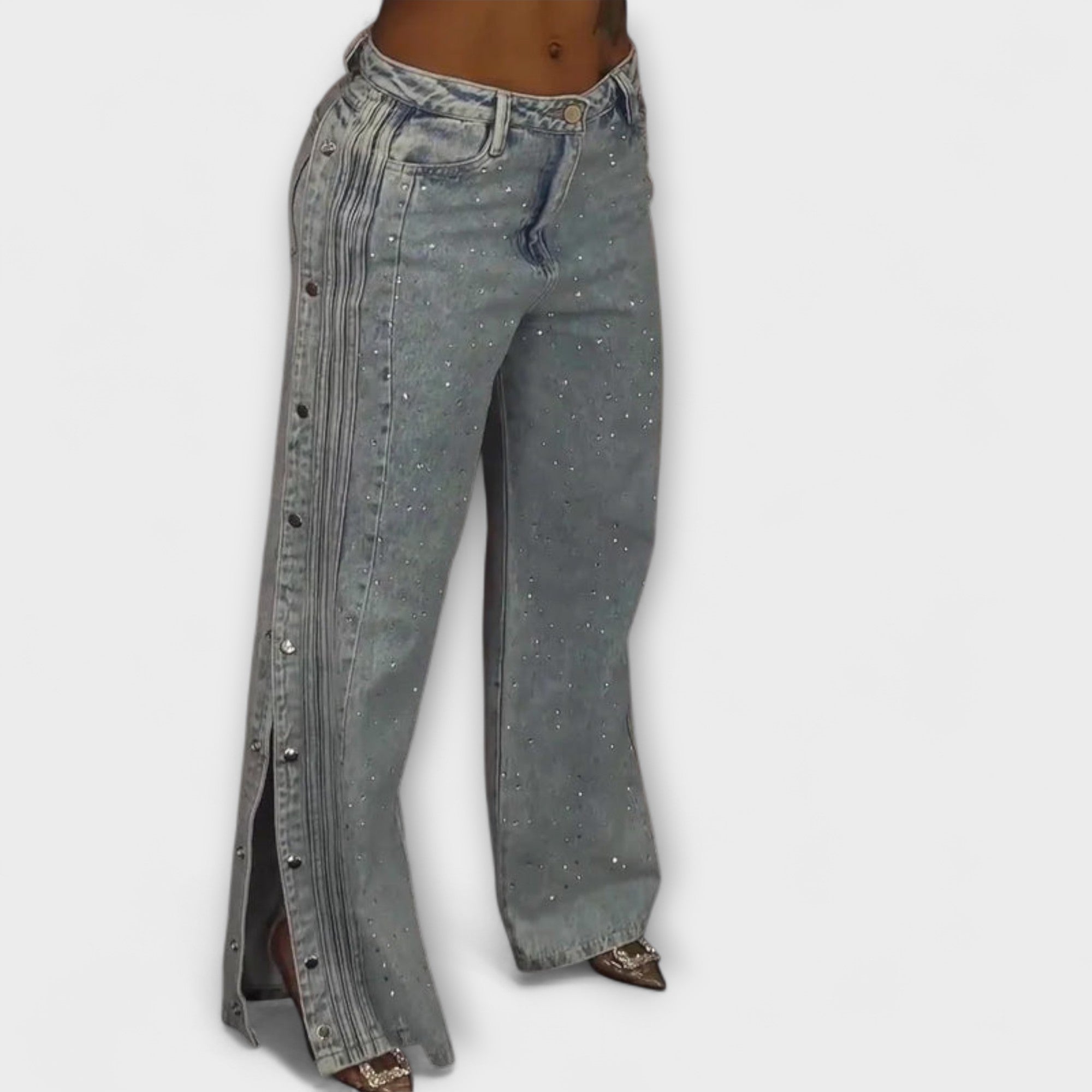 Nola - Högmidjade Jeans Prydd med Rhinestones och Sidoknappar
