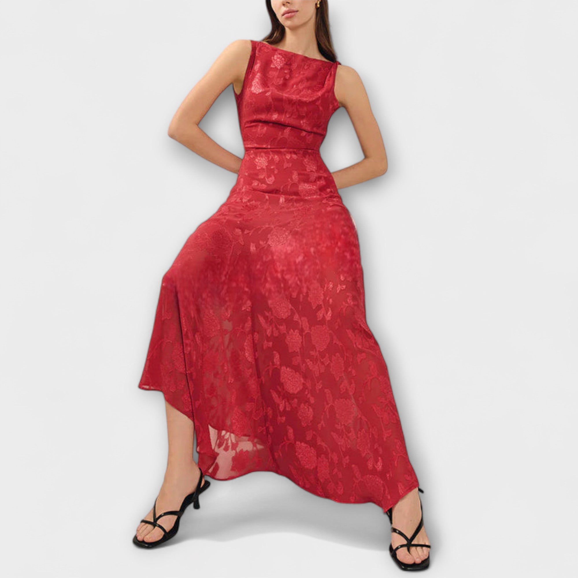 Opal - Elegant Rygglös Snörning Jacquard Maxi Klänning