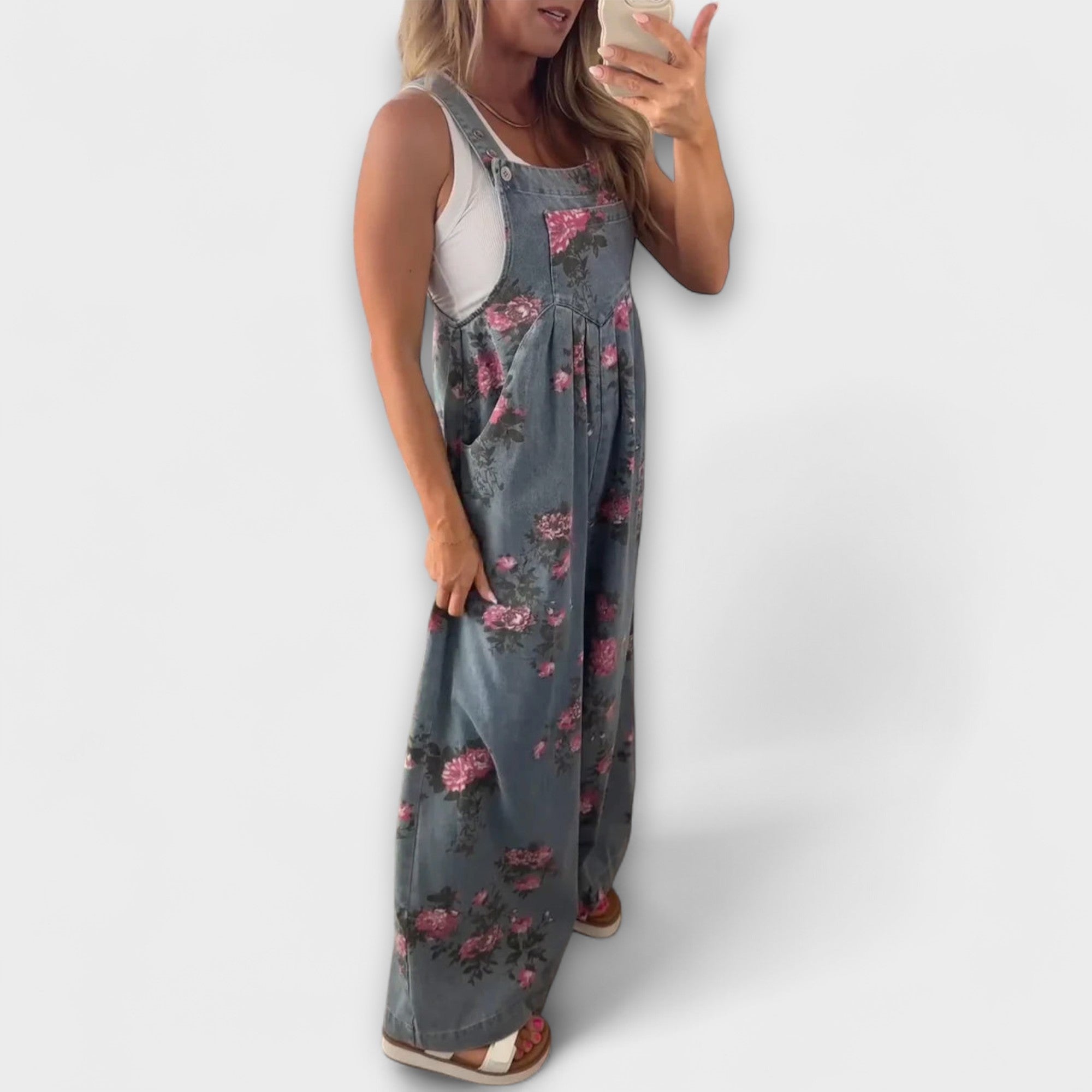 Bethany - Blommönstrad Vid Denim Hängselbyxor