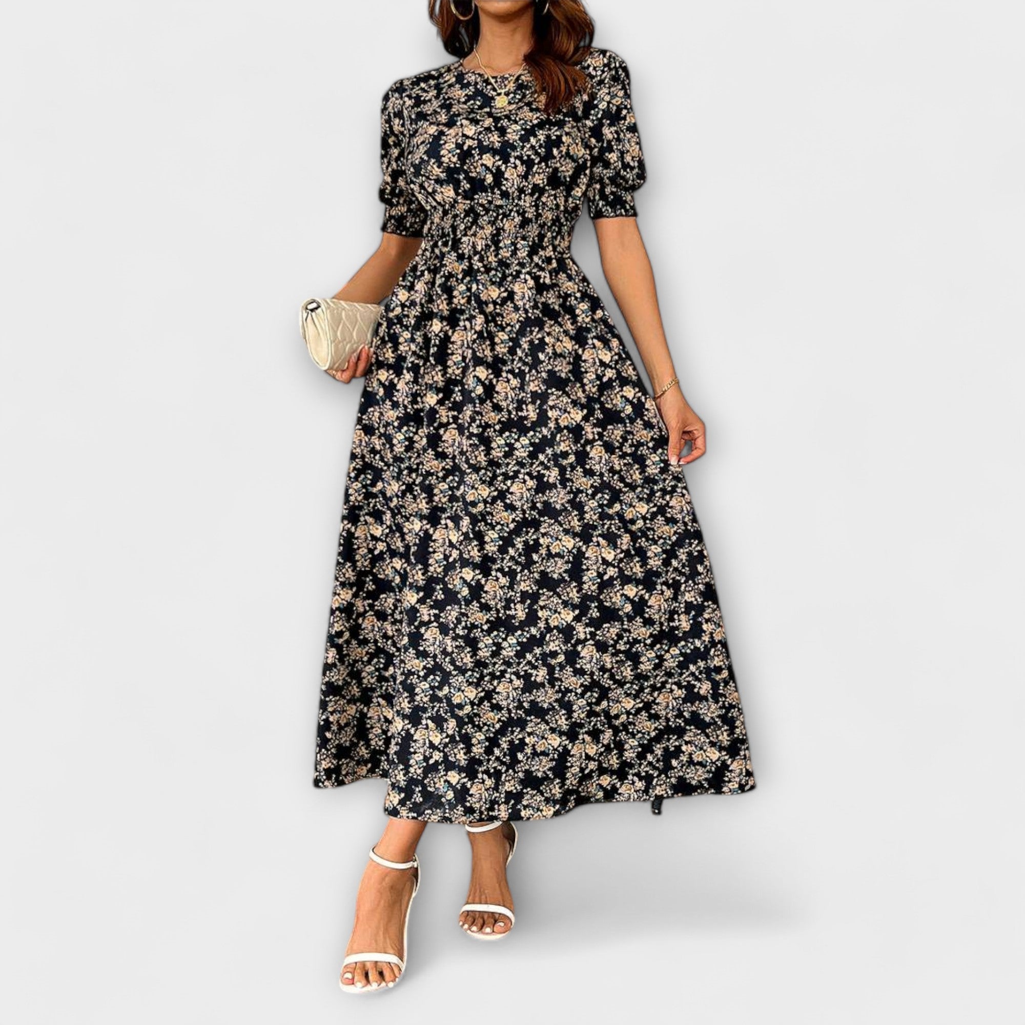 Amelia - Klänning med Rund Urringning och Blommönster