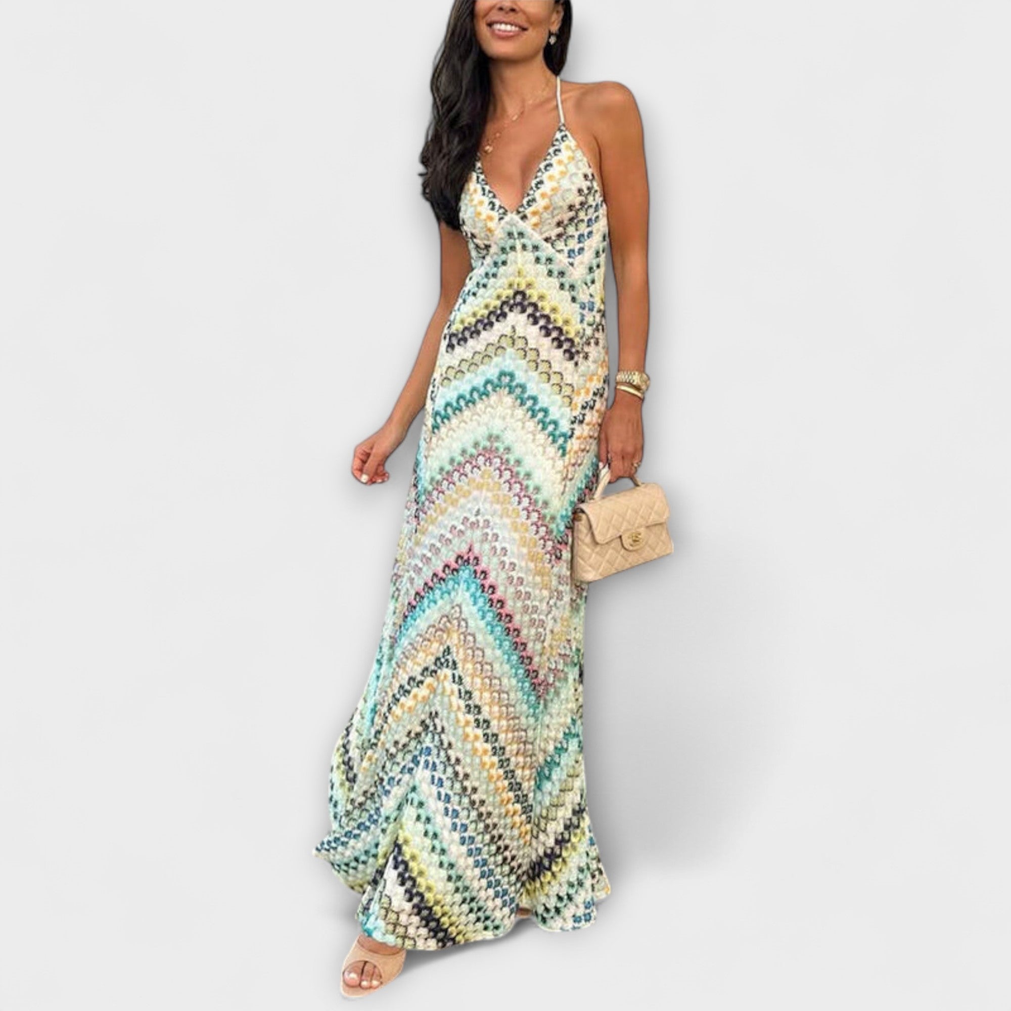 Remi - Missoni Färgglad Houndstooth Mönster Maxi Klänning