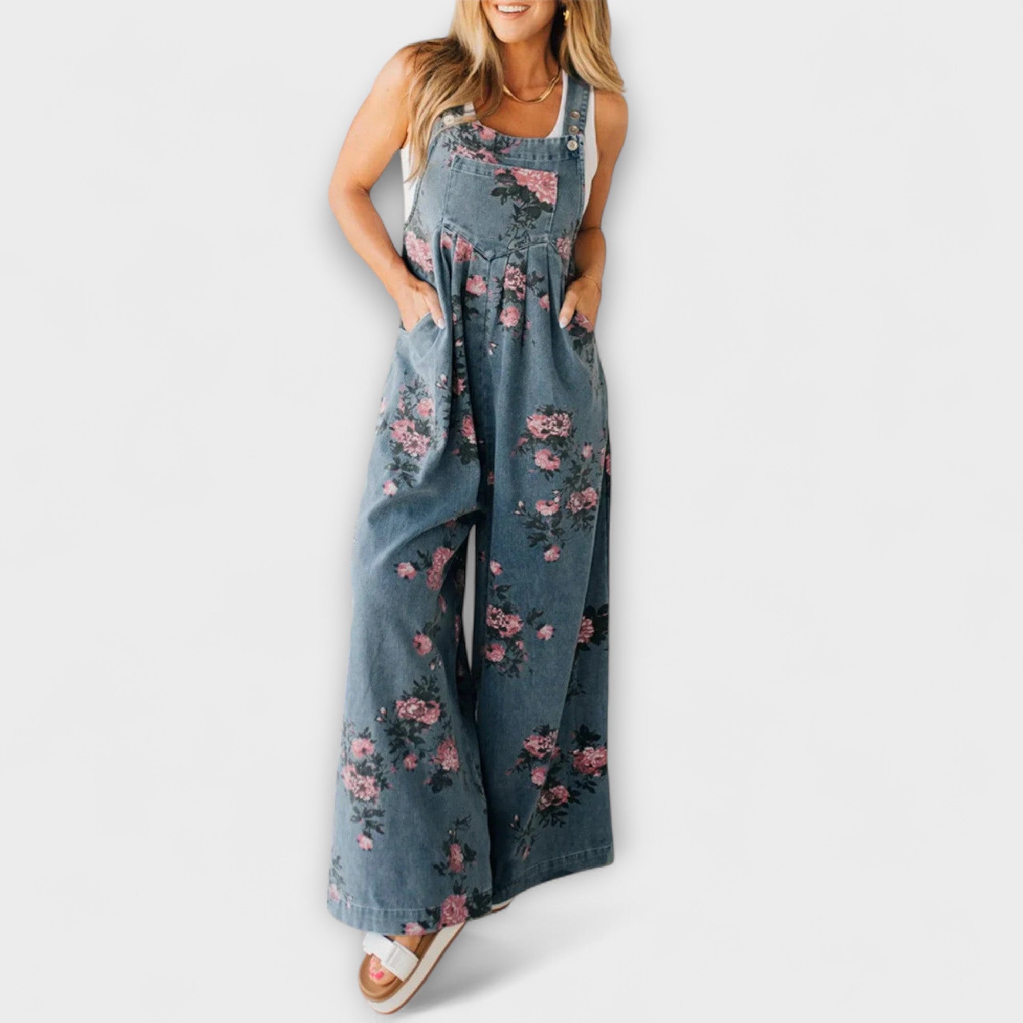 Bethany - Blommönstrad Vid Denim Hängselbyxor