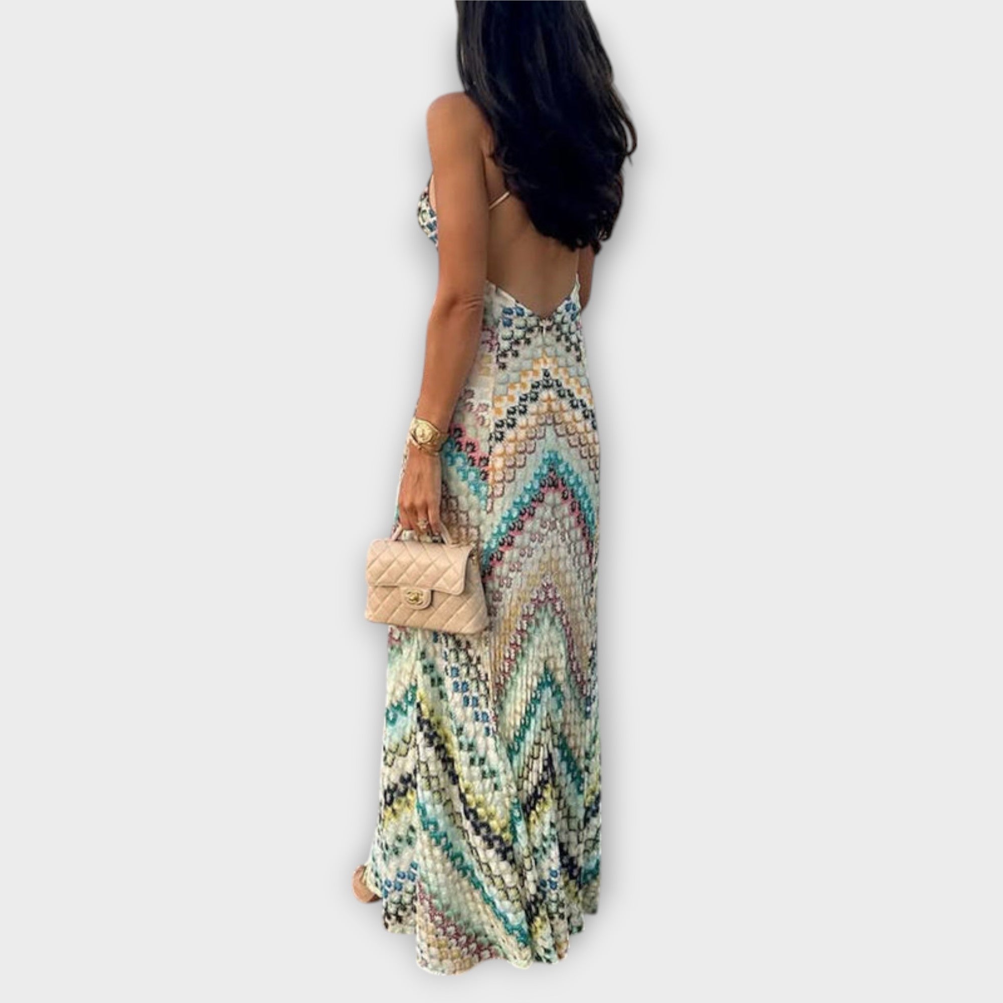 Remi - Missoni Färgglad Houndstooth Mönster Maxi Klänning