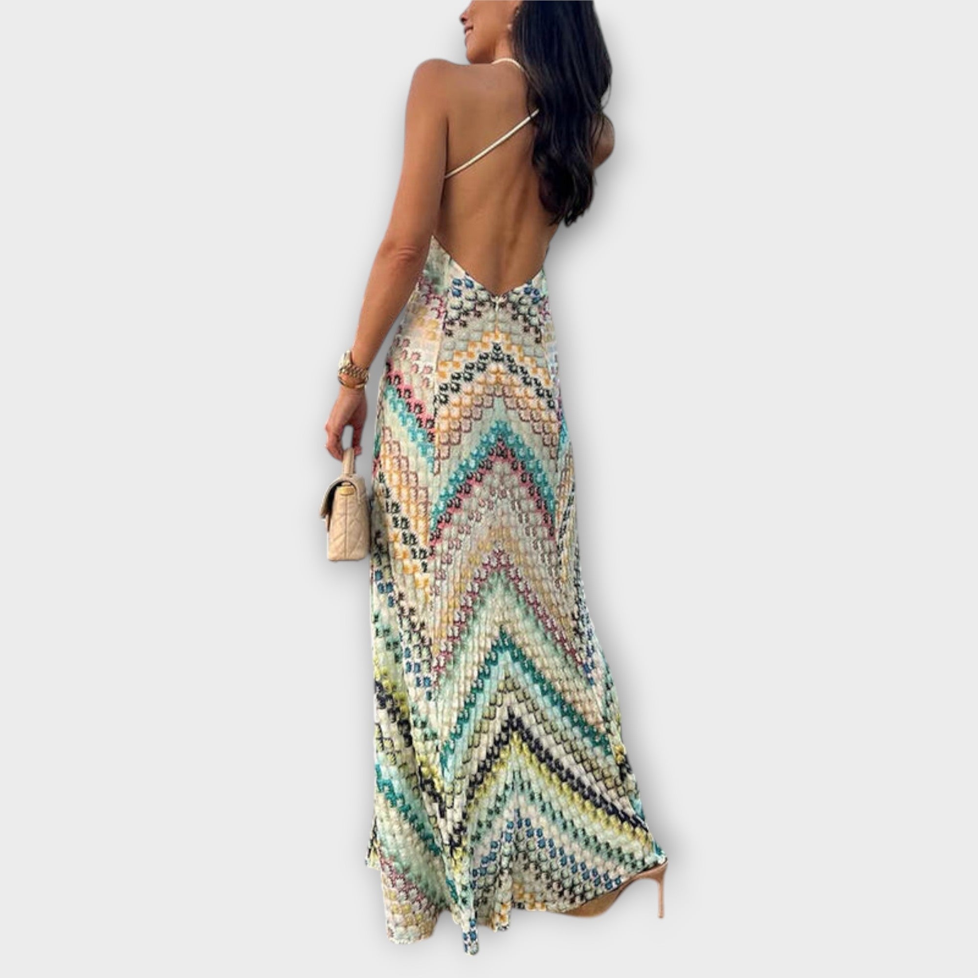 Remi - Missoni Färgglad Houndstooth Mönster Maxi Klänning