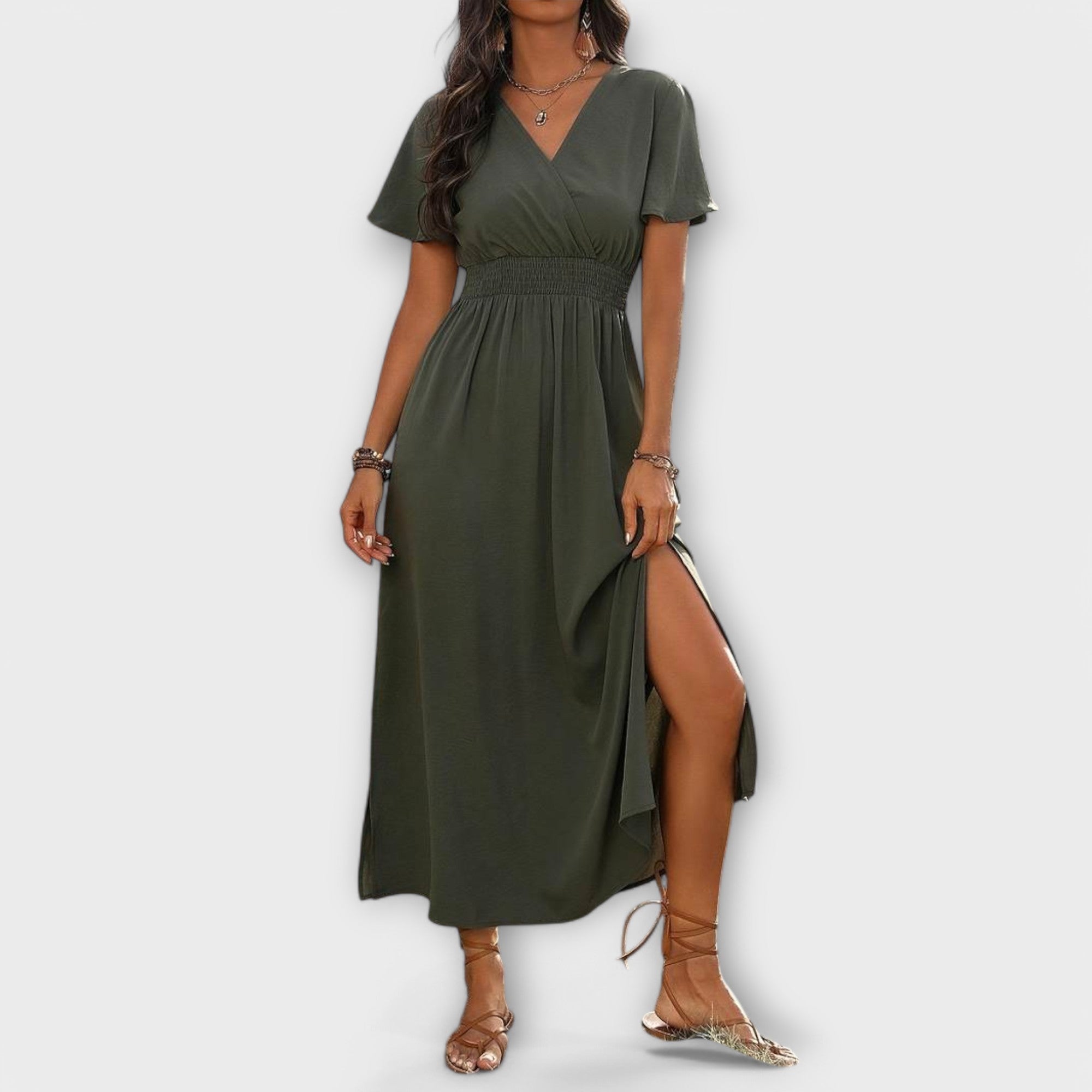 Heather - Elegant Boho Klänning med V-ringning och Långa Ärmar