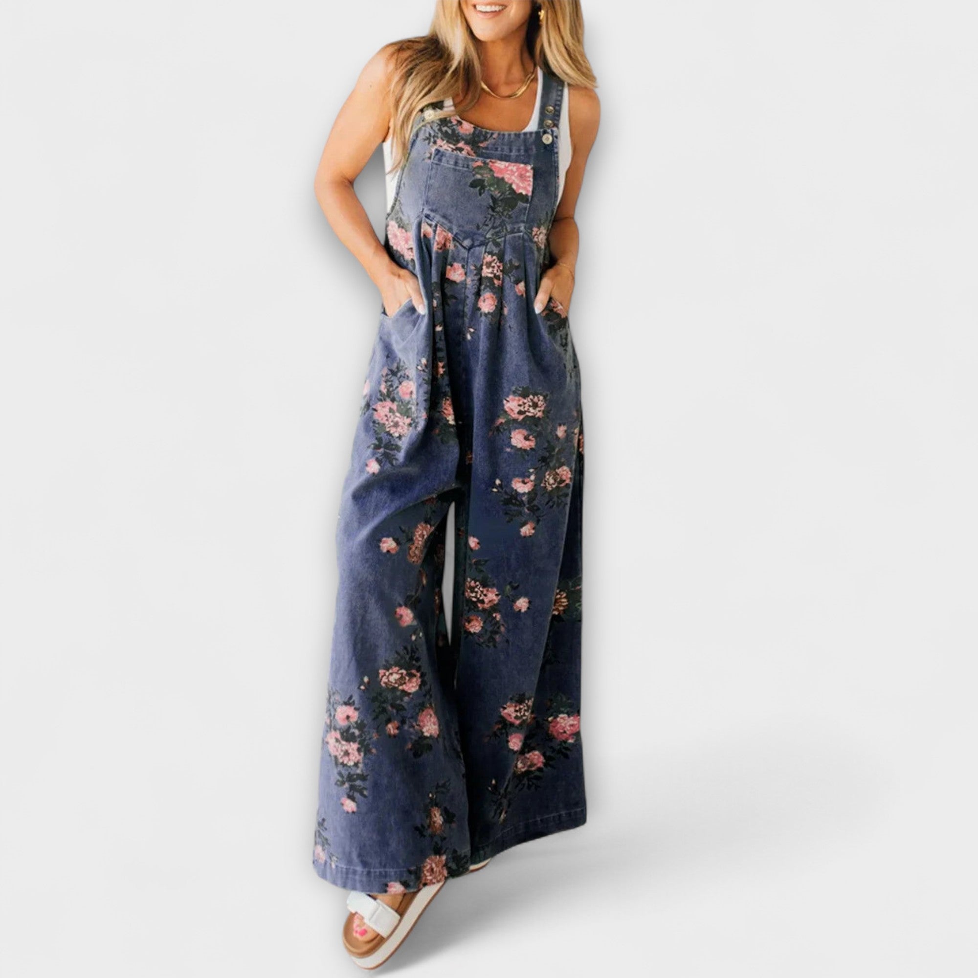 Bethany - Blommönstrad Vid Denim Hängselbyxor