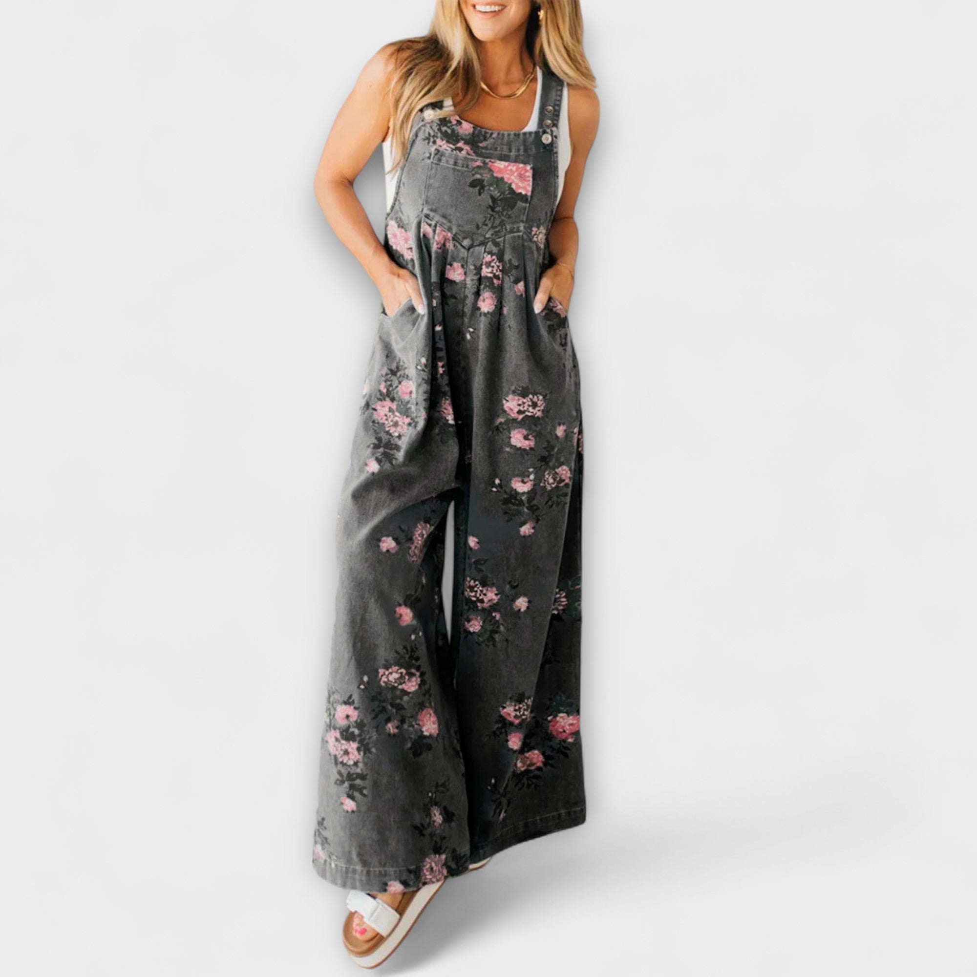 Bethany - Blommönstrad Vid Denim Hängselbyxor