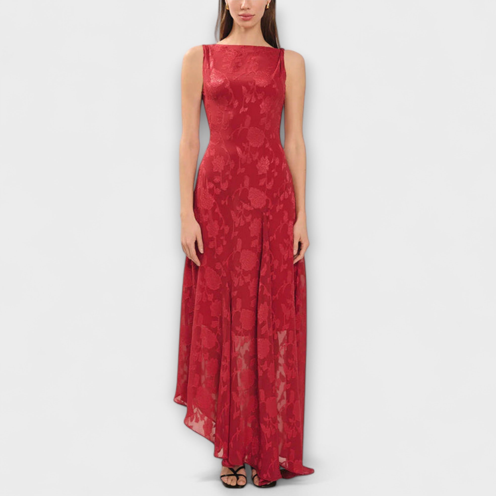Opal - Elegant Rygglös Snörning Jacquard Maxi Klänning
