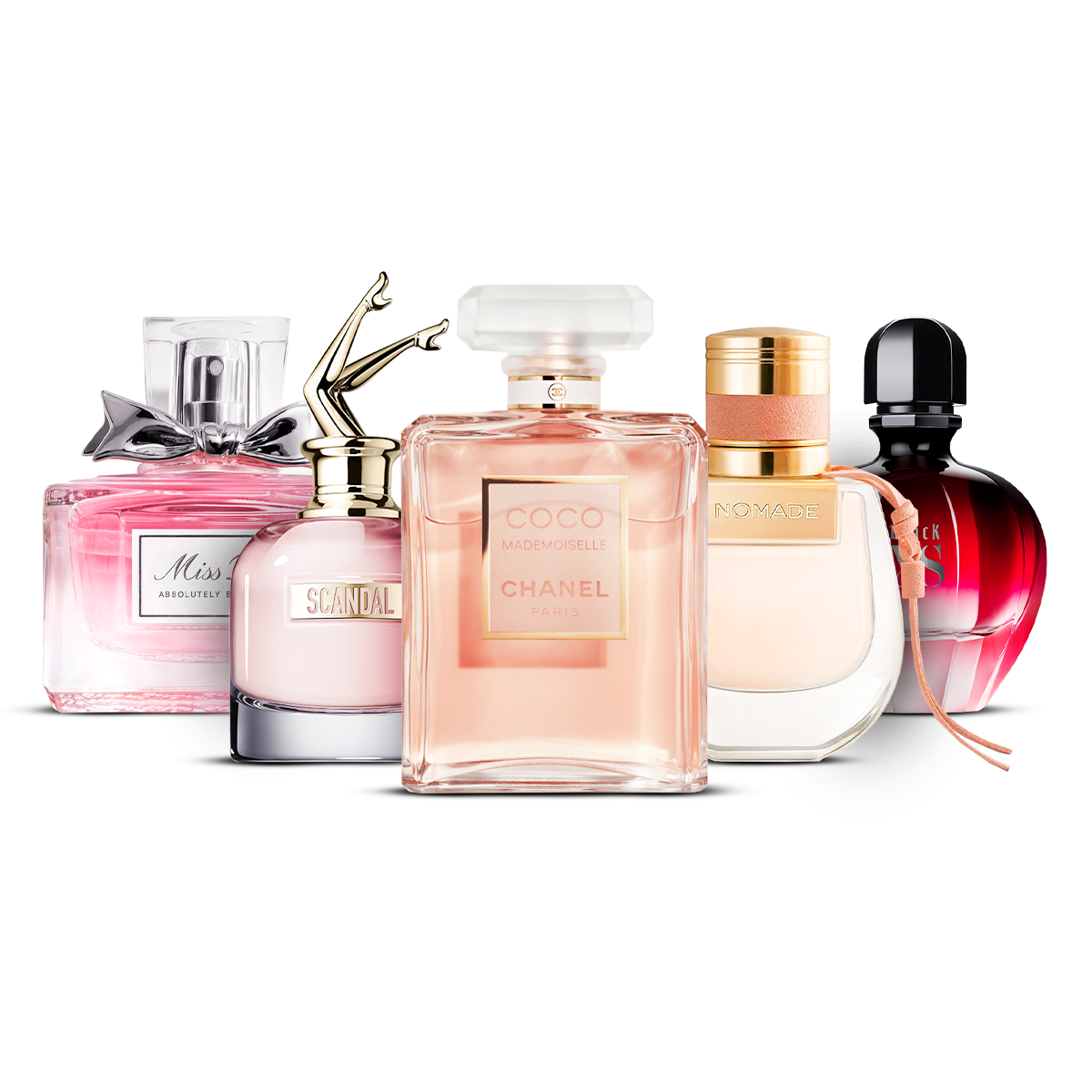 Kombination av 5 damparfymer - Miss Dior Absolutely Blooming, Scandal, Coco Mademoiselle, Nomade och Black XS [100 ml vardera]