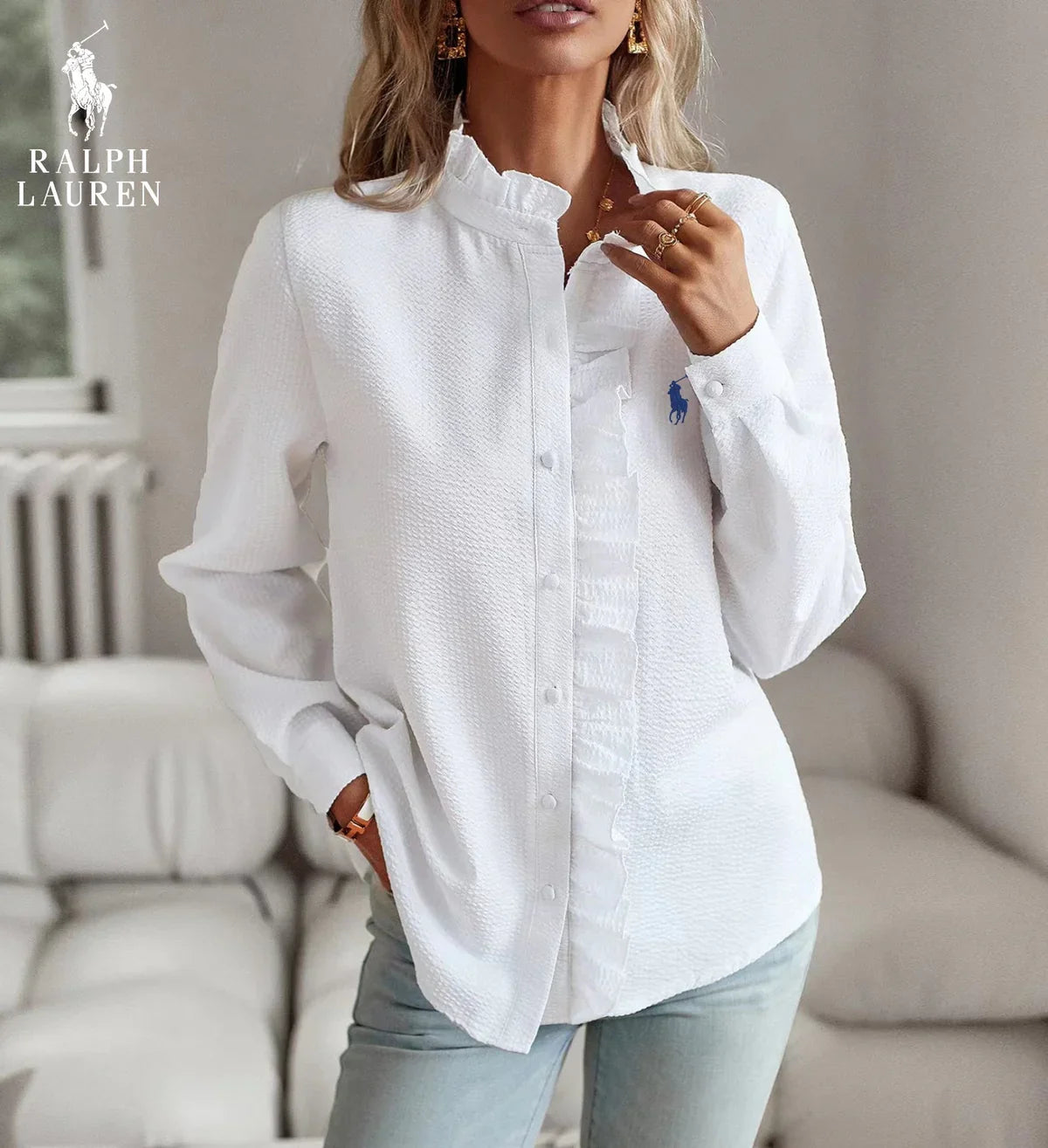 R. Lauren Ruffled Button-Up Shirt – Mjuk Texturerad Passform