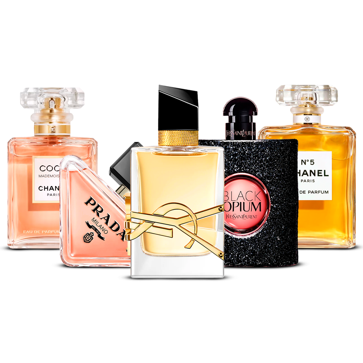 Kombination av 5 kvinnliga parfymer – Coco Mademoiselle, Prada Paradoxe, Libre, Black Opium och Chanel N°5 [100 ml vardera]