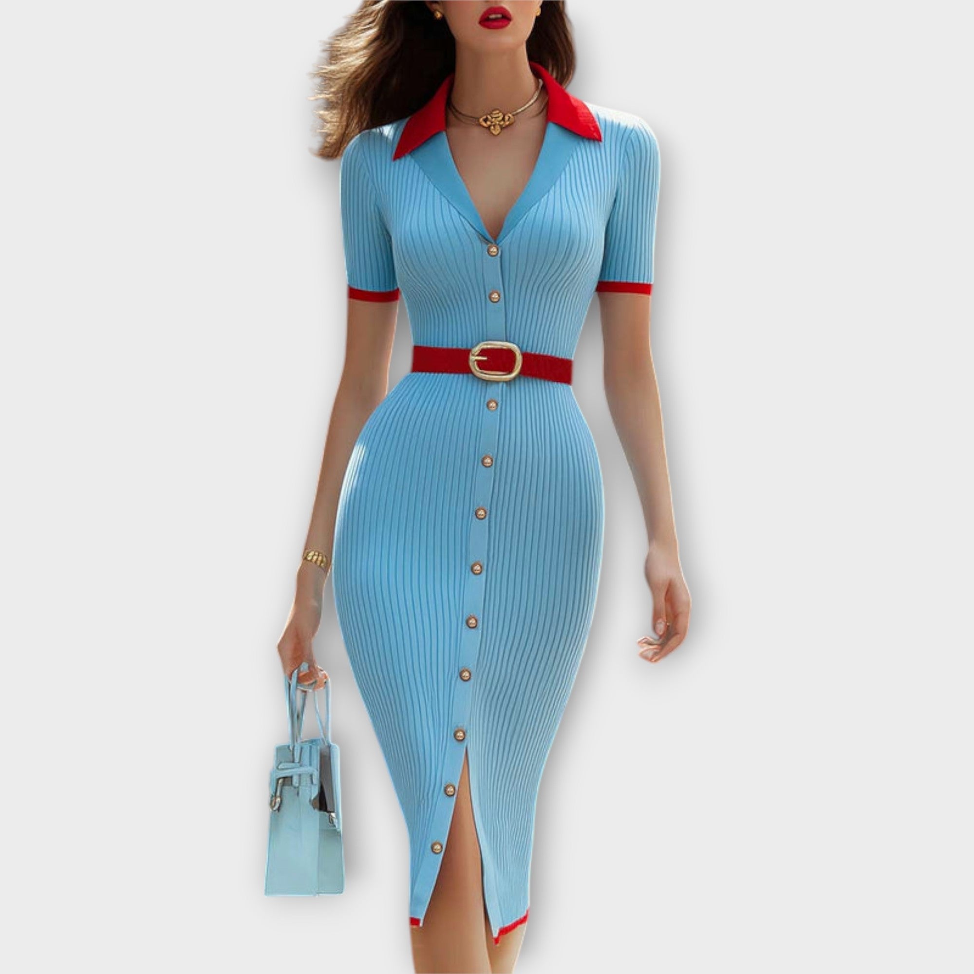 Sina - Chic Baby Blue Ribbad Stickad Klänning