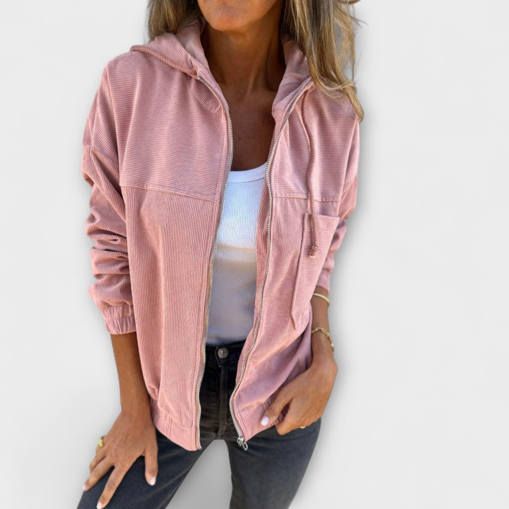 Ella - Corduroy Huva Jacka med Dragkedja