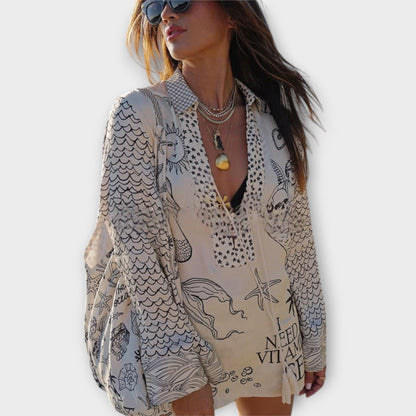 Liv - Vattensatin Fringed Skjorta och Shorts Set