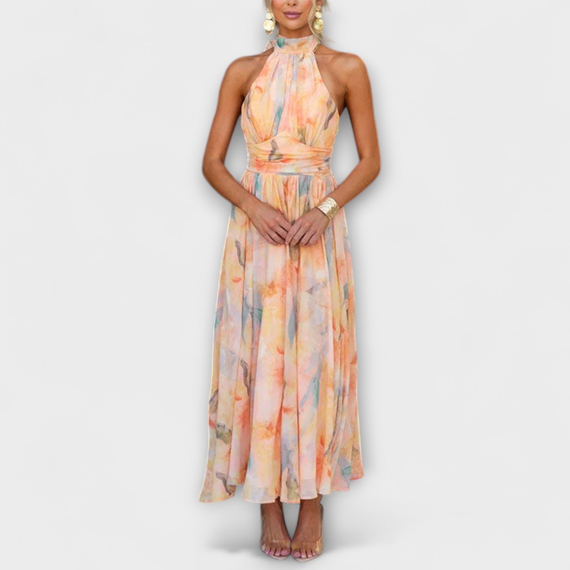 Halter-Neck Vattenfärgstryckt Maxi Klänning