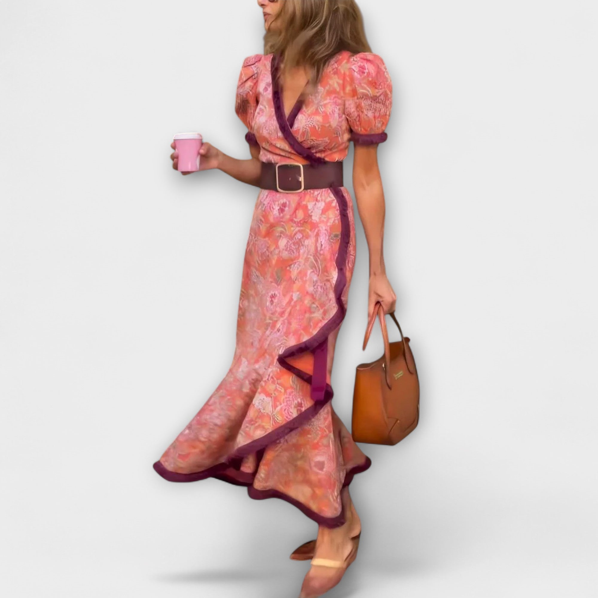 Elegant Rosa Maxiklänning med Korta Ärmar