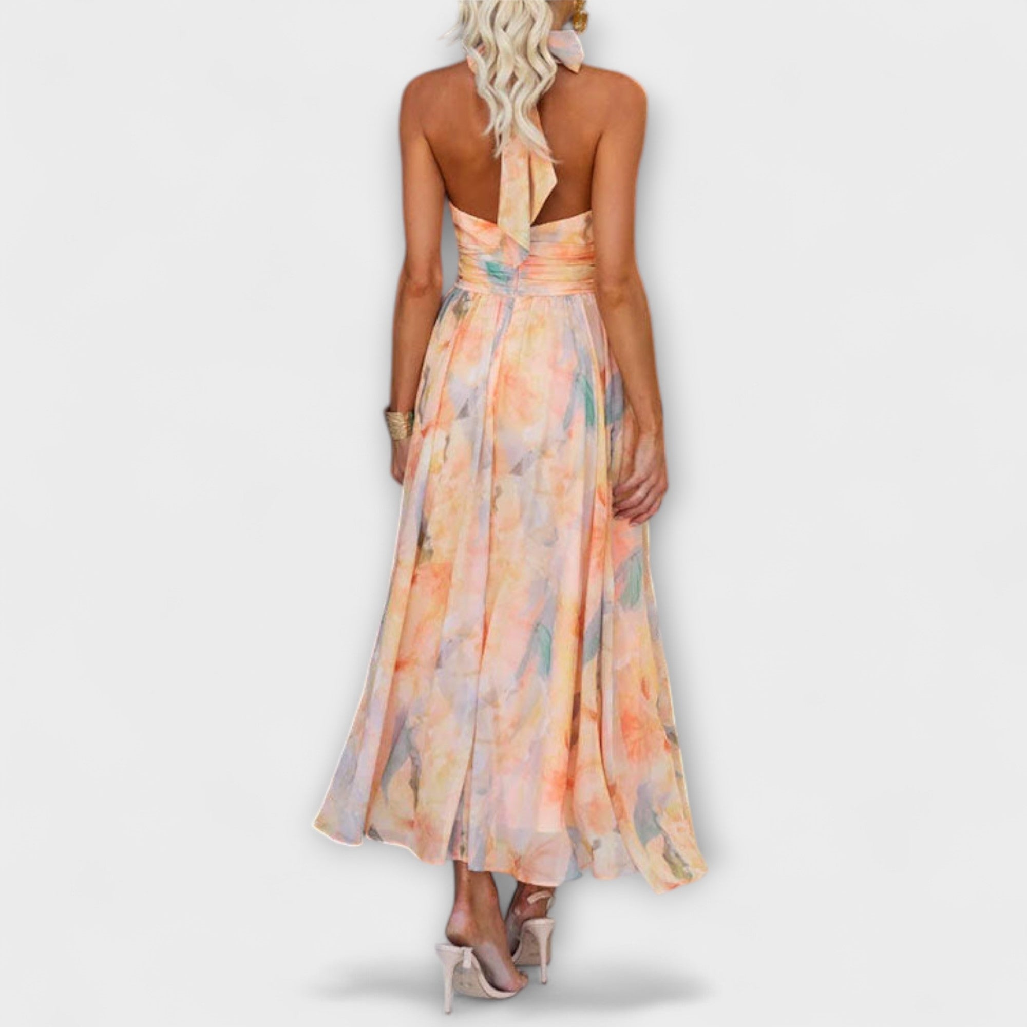 Halter-Neck Vattenfärgstryckt Maxi Klänning