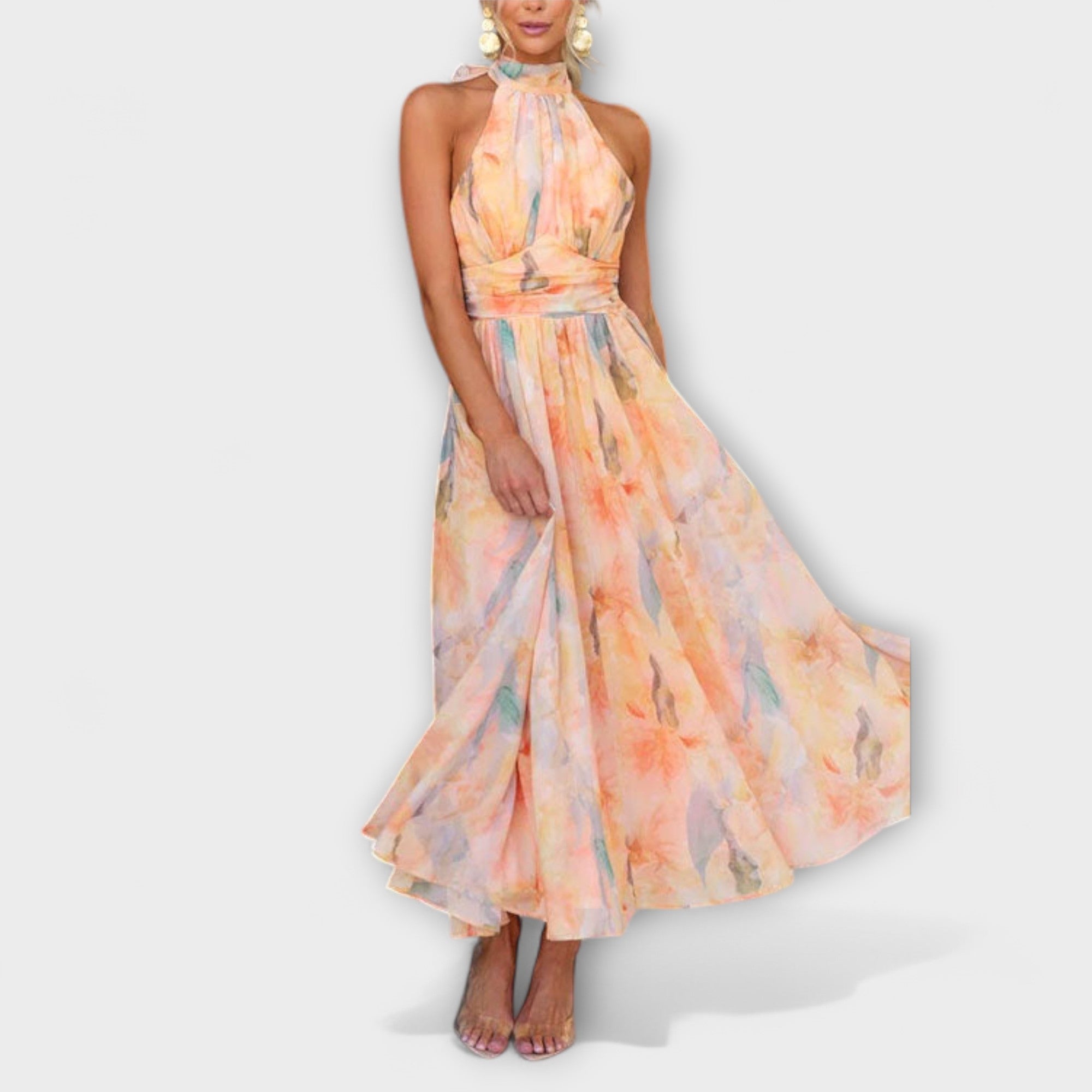 Halter-Neck Vattenfärgstryckt Maxi Klänning