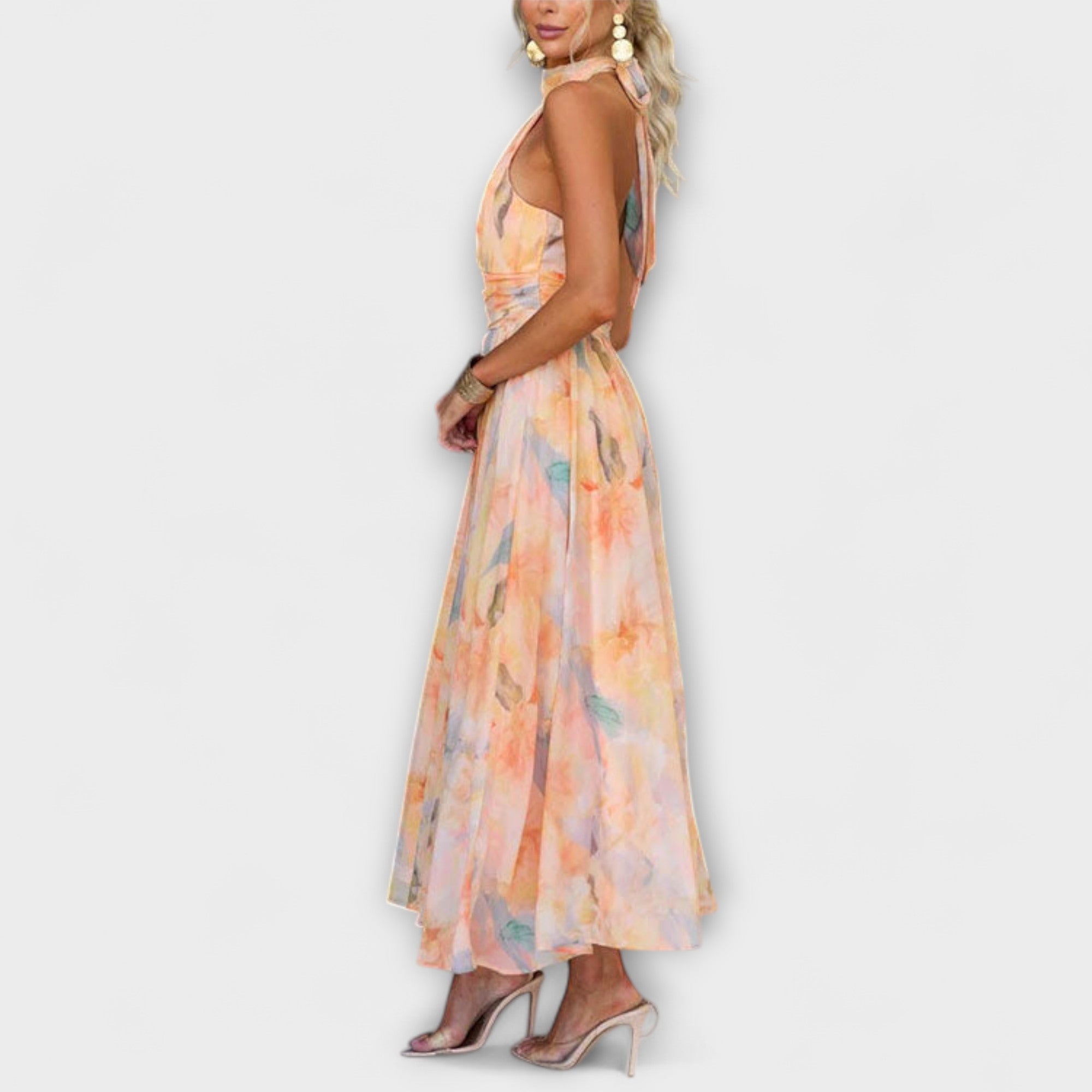 Halter-Neck Vattenfärgstryckt Maxi Klänning