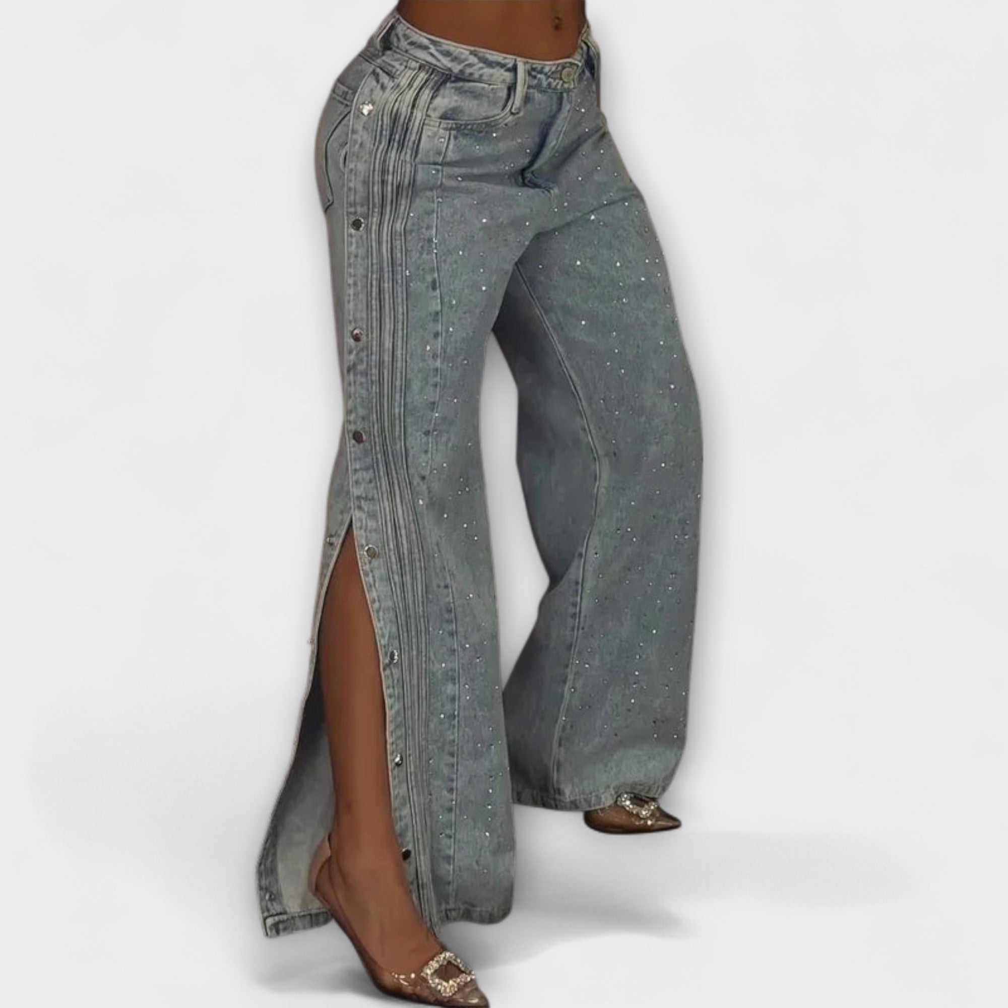 Nola - Högmidjade Jeans Prydd med Rhinestones och Sidoknappar