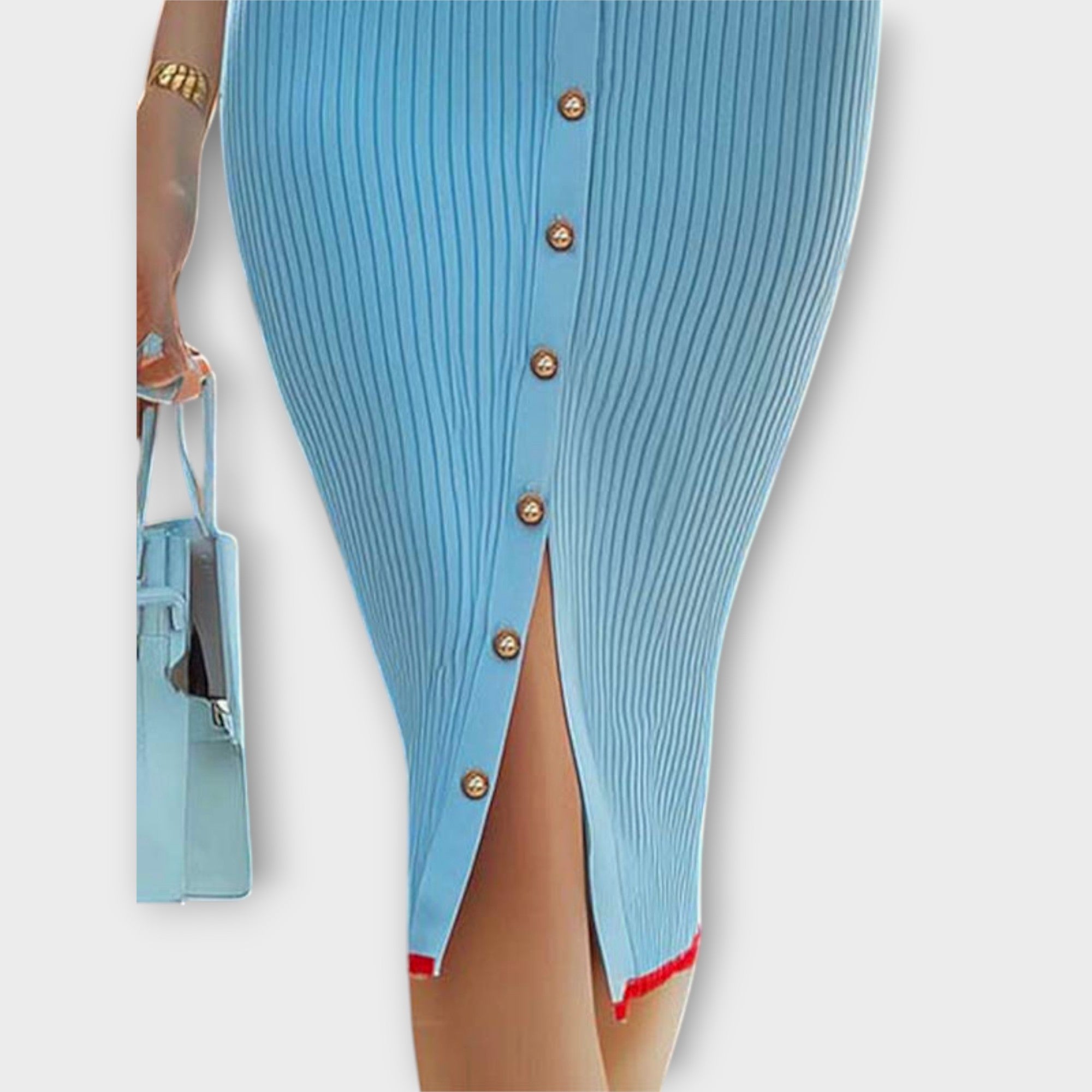 Sina - Chic Baby Blue Ribbad Stickad Klänning