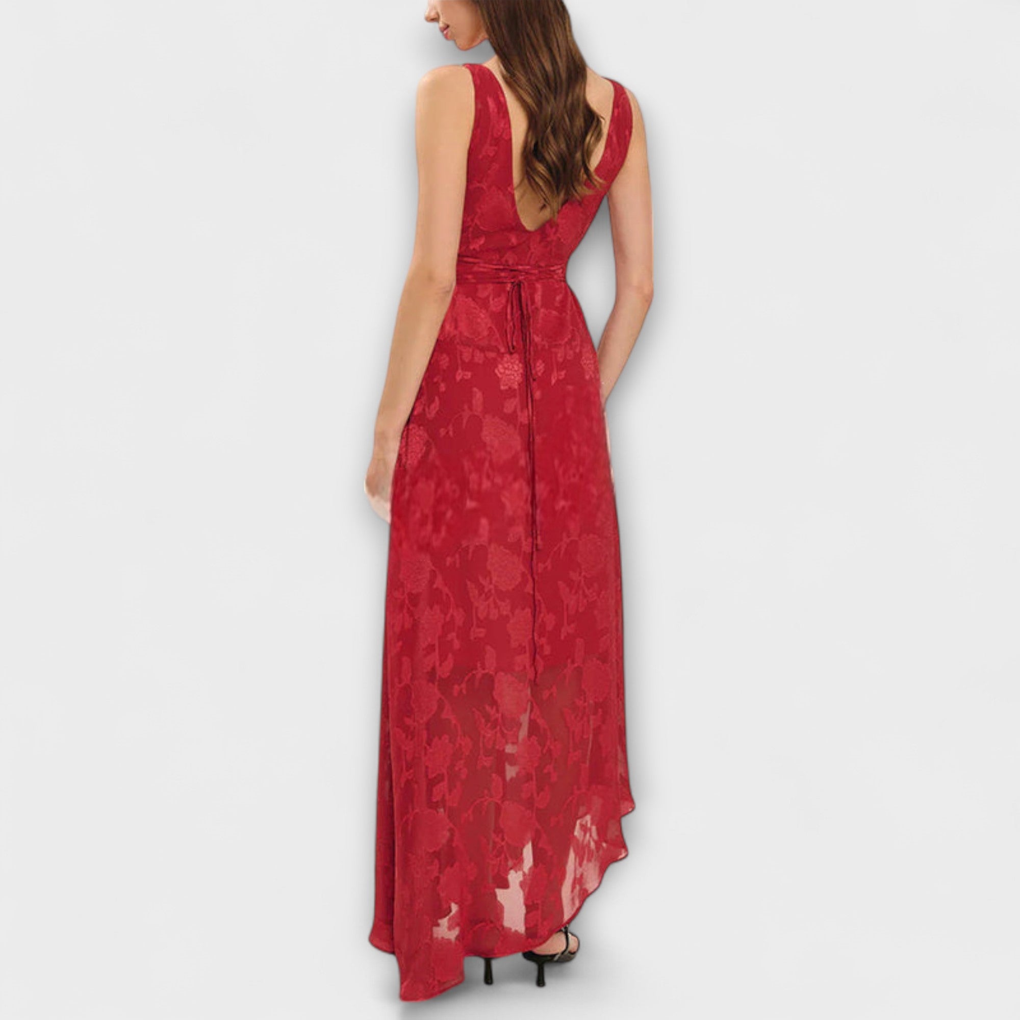 Opal - Elegant Rygglös Snörning Jacquard Maxi Klänning
