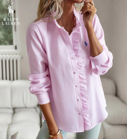 R. Lauren Ruffled Button-Up Shirt – Mjuk Texturerad Passform