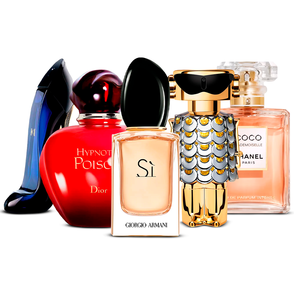 Kombination av 5 kvinnliga parfymer – Good Girl, Hypnotic Poison, Sì, Fame och Coco Mademoiselle [100 ml vardera]