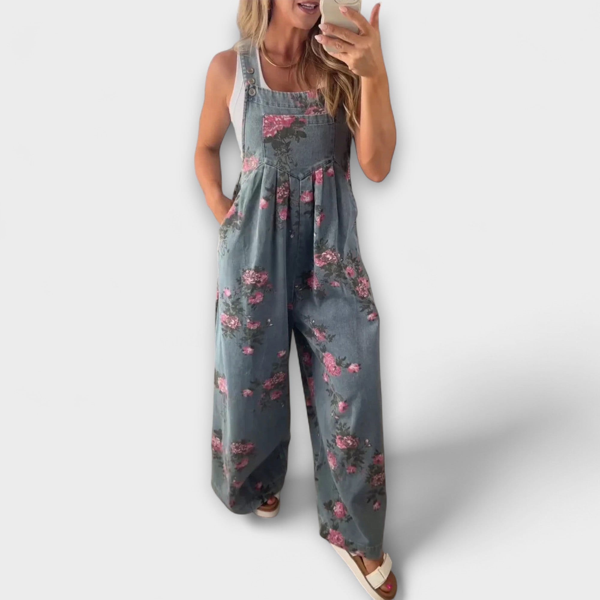 Bethany - Blommönstrad Vid Denim Hängselbyxor