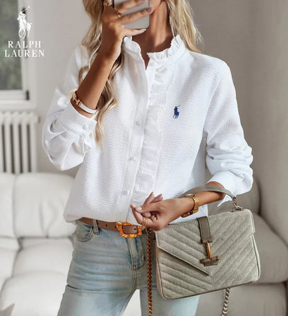 R. Lauren Ruffled Button-Up Shirt – Mjuk Texturerad Passform