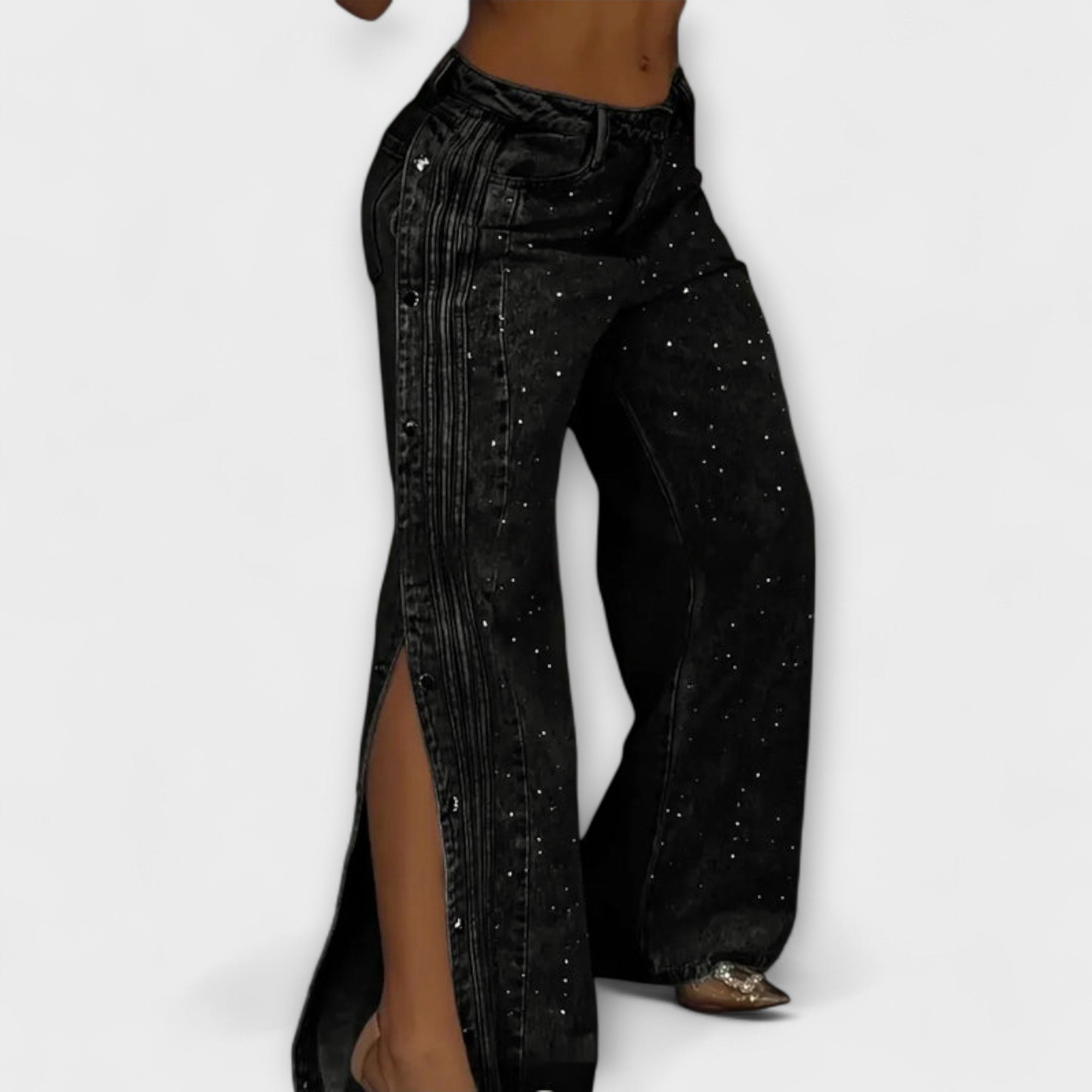 Nola - Högmidjade Jeans Prydd med Rhinestones och Sidoknappar