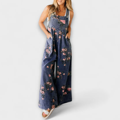 Bethany - Blommönstrad Vid Denim Hängselbyxor