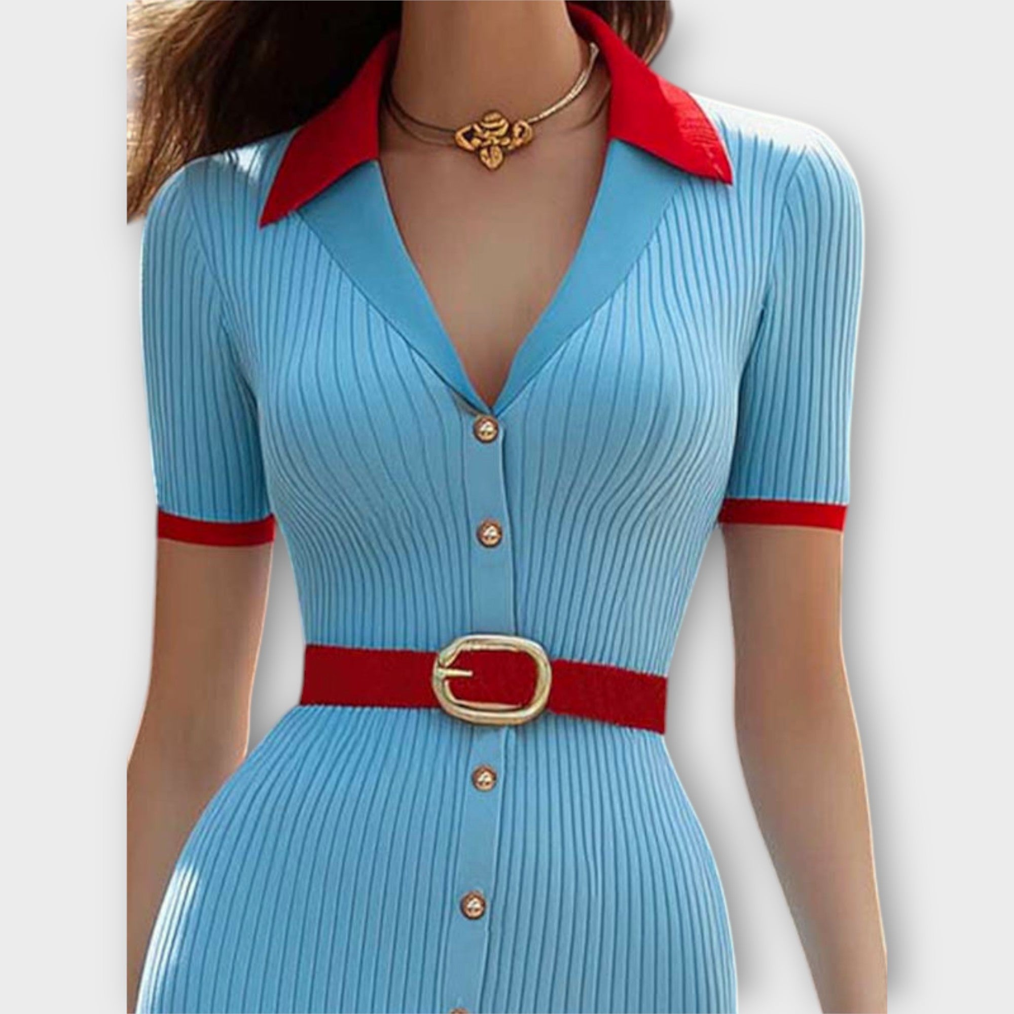 Sina - Chic Baby Blue Ribbad Stickad Klänning