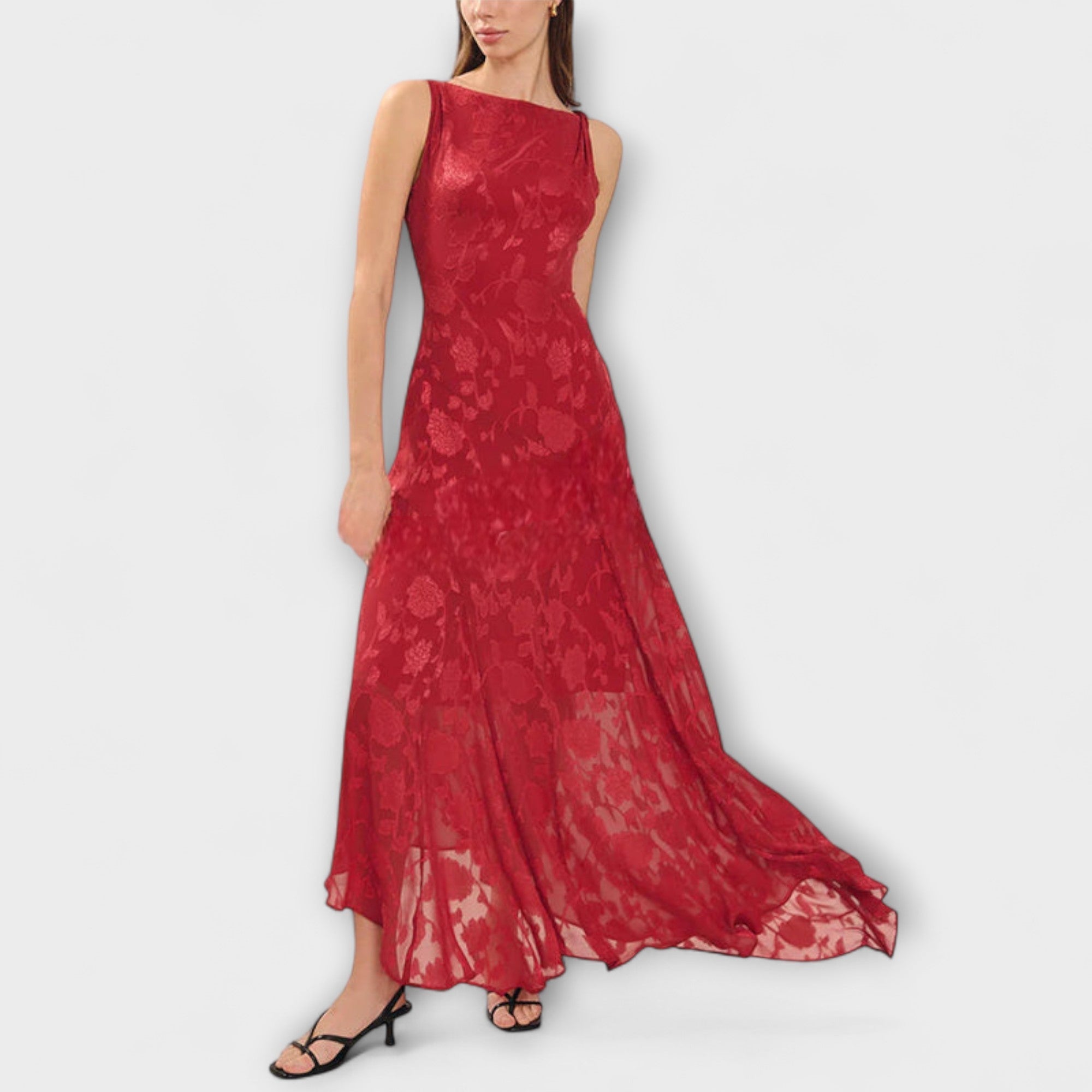 Opal - Elegant Rygglös Snörning Jacquard Maxi Klänning