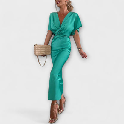 Sable - Solid Satin V-ringad Korsknut Slim Fit Maxiklänning